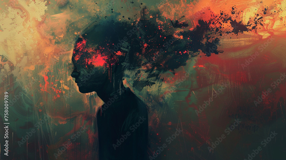 Silhouette of teenager on red green blurred background with smoking head due to betrayal and resentment - obrazy, fototapety, plakaty 