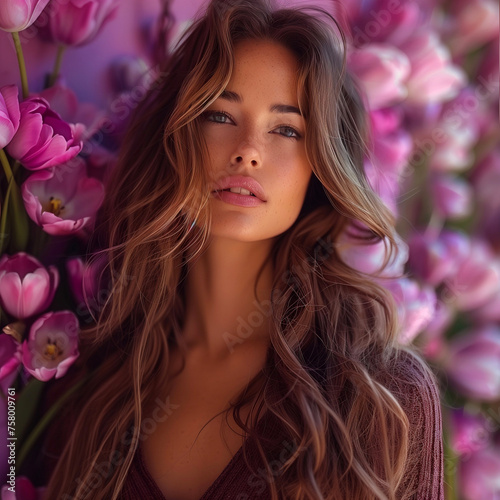 Portrait of a beautiful young woman in pink tulip flowers.