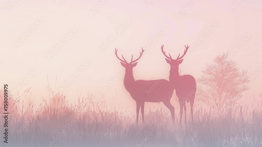 Deer silhouettes on a soft pastel gradient depict nature's harmonious partnership between male and female. Deer silhouettes on a soft pastel gradient depict nature's harmonious partnership between male and female.