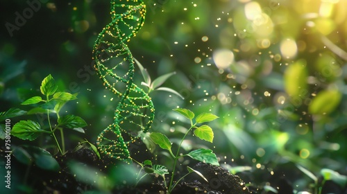 agricultural biotechnology concept with DNA helices intertwining with plants, symbolizing genetic enhancement #758010110