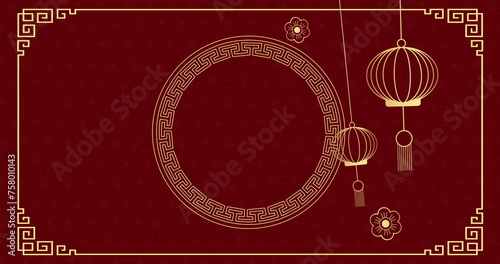 Image of chinese lantern pattern and decoration on red background