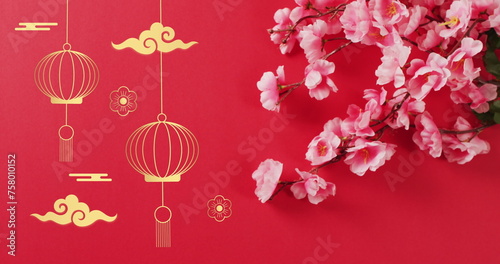 Image of chinese pattern and blossom decoration on red background
