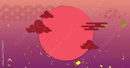 Image of confetti, chinese pattern and decoration on purple background
