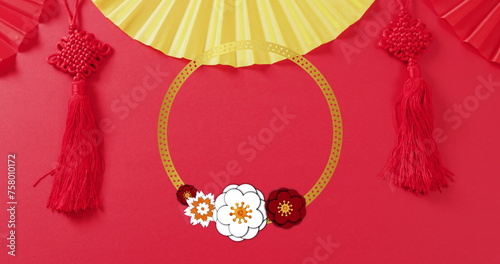 Image of chinese pattern and decoration on red background