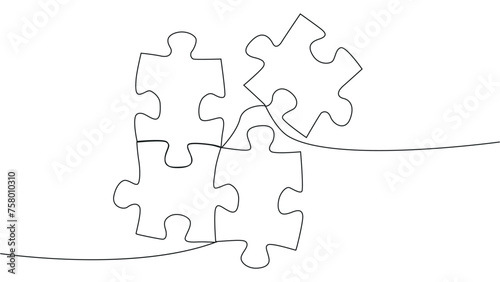 One line connecting puzzle pieces in one continuous line. Puzzle element.