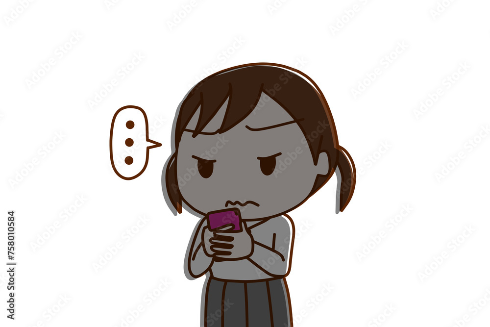 (上半身斜め)スマホを持って画面を見ながら無言になって真顔で影ができる女子学生 (上半身斜め)スマホを持って画面を見ながら無言になって真顔で影ができる女子学生
