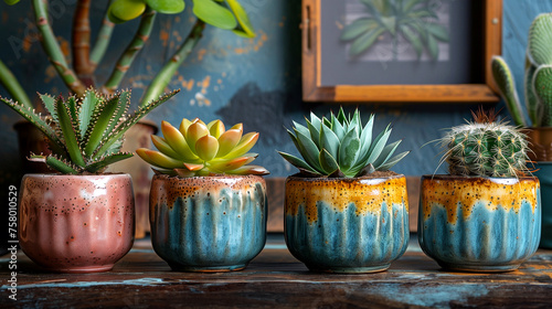 Beautiful succulents in colorful ceramic pots on wooden background.