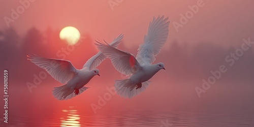 Two doves soar together in harmony under a tranquil pastel sky  symbolizing unity and serenity.