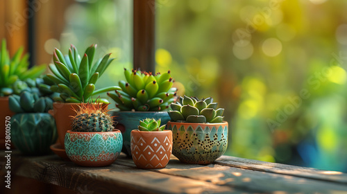 Cactus in pot on wooden table with bokeh background.