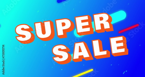 Image of super sale text banner over abstract shapes against blue gradient background