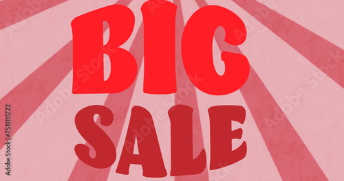 Image of big sale text banner over radial rays spinning in seamless pattern on pink background