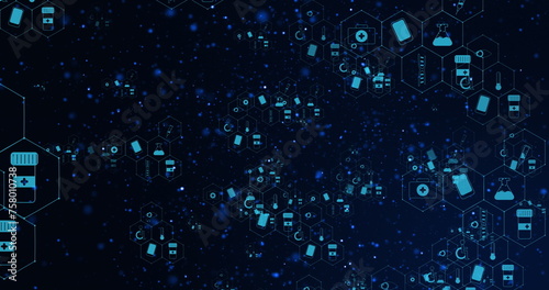 Image of medical icons and data processing on black background