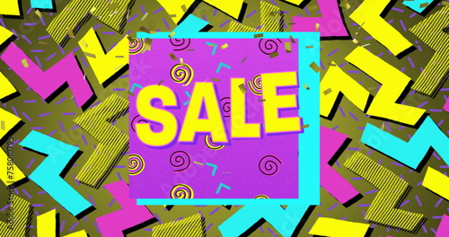 Image of the word Sale in yellow letters with a purple square and brightly coloured shapes on a gree