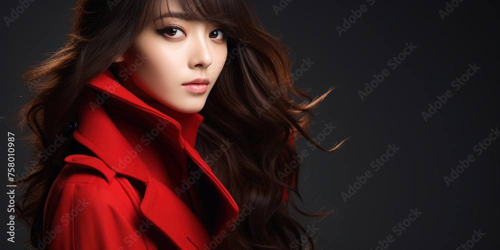 Naklejka premium A woman in a red coat with long hair