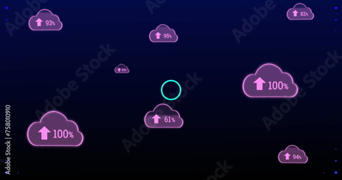 Image of digital interface with purple clouds, arrows and percent growing to one hundred over flashi