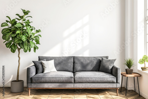Interior Living Room, Empty Wall Mockup In White Room With Dark Grey Sofa And Green Plants, 3d Render Real Room Template