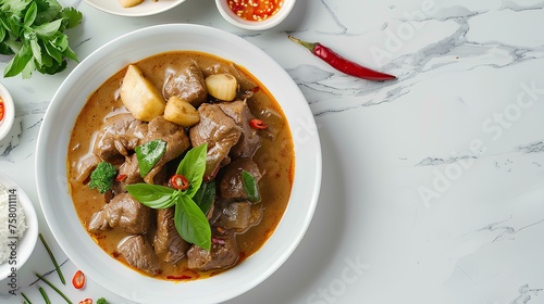 Top view of massaman curry with chicken and potatoes in a bowl on a white background. photo