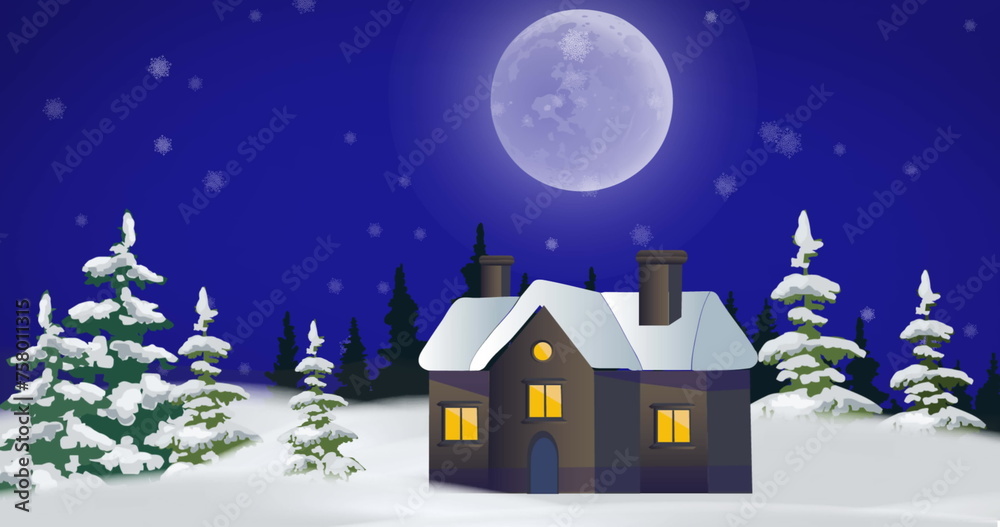 Snowflakes falling over multiple trees and house icon on winter landscape against blue background