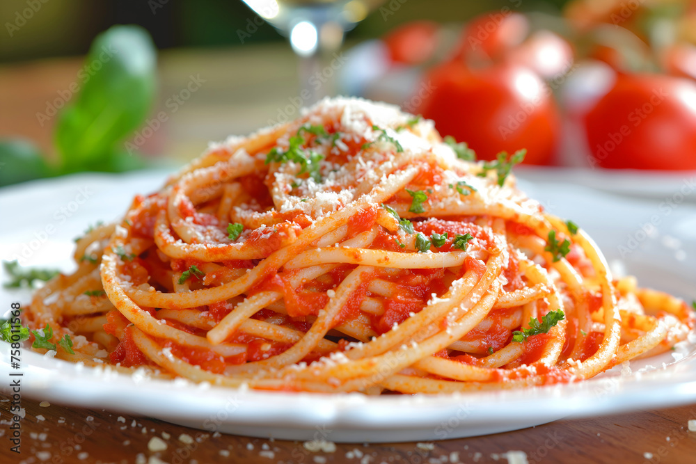 Close-Up Delicious Spaghetti Bolognese Served On A Plate In Food Restaurant Interior, Spaghetti Bolognese Food Photography, Food Menu Style Photo Image Close-Up Delicious Spaghetti Bolognese Served On A Plate In Food Restaurant Interior, Spaghetti Bolognese Food Photography, Food Menu Style Photo Image