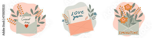 A set of cards for the holidays. Spring flowers and envelopes. Congratulation