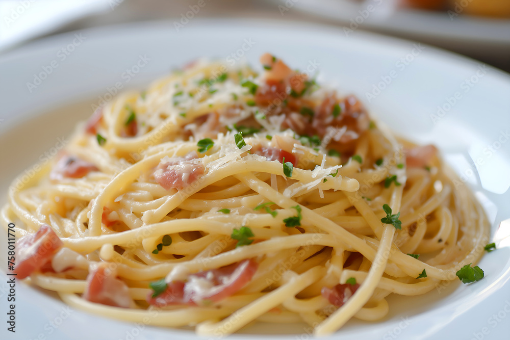Close-Up Delicious Spaghetti Carbonara Served On A Plate In Food Restaurant Interior, Spaghetti Carbonara Food Photography, Food Menu Style Photo Image Close-Up Delicious Spaghetti Carbonara Served On A Plate In Food Restaurant Interior, Spaghetti Carbonara Food Photography, Food Menu Style Photo Image