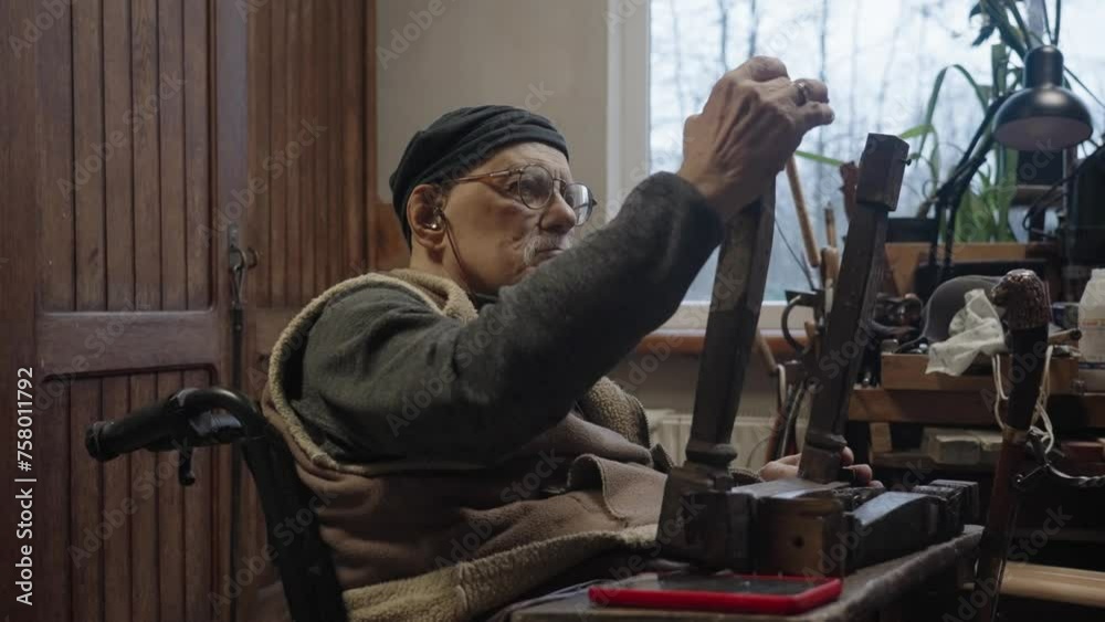 Elderly male master works in his workshop restoring japanese sword Elderly male master works in his workshop restoring japanese sword