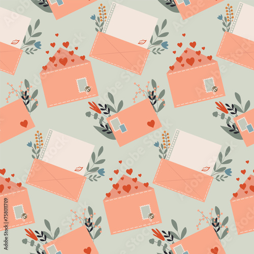 Seamless pattern with envelope with flowers and hearts. Love message, confession of feelings, background