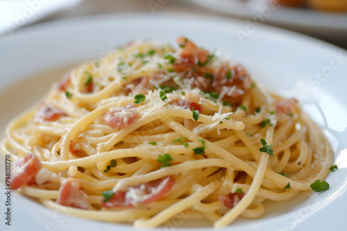 Close-Up Delicious Spaghetti Carbonara Served On A Plate In Food Restaurant Interior  Spaghetti Carbonara Food Photography  Food Menu Style Photo Image