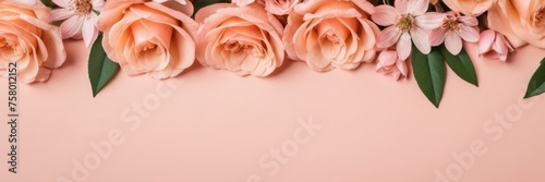 Banner roses flowers peach fuzz color with space for text.Valentine s Day  Easter  Birthday  Happy Women s Day  Mother s Day concept.