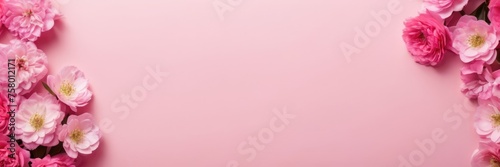 Top view banner spring flowers pink color with space for text in the middle at pink background. Birthday, Happy Women's Day, Mother's Day,spring is coming concept.