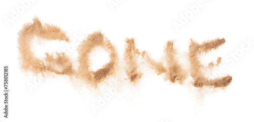GONE Text Word of Sand letter. Calligraphy of Sand flying explosion with GONE text wording in alphabet english letter. White background Isolated throwing particle element object photo