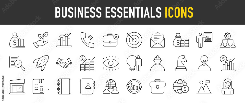 Business Essentials outline icon set. Vector icons illustration collection