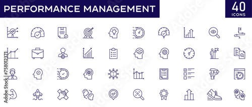 Performance Management icons set with fully editable stroke thin line vector illustration with skills, advice, time, achievement, goals, review, improvement, assessment, analysis, feedback, target
