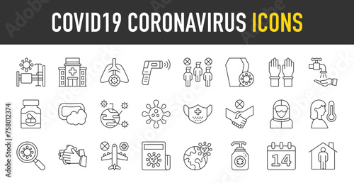 Covid19 Coronavirus outline icon set. Vector icons illustration collection
