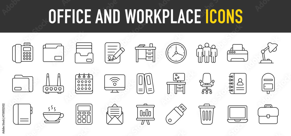 Office and Workplace outline icon set. Vector icons illustration collection.