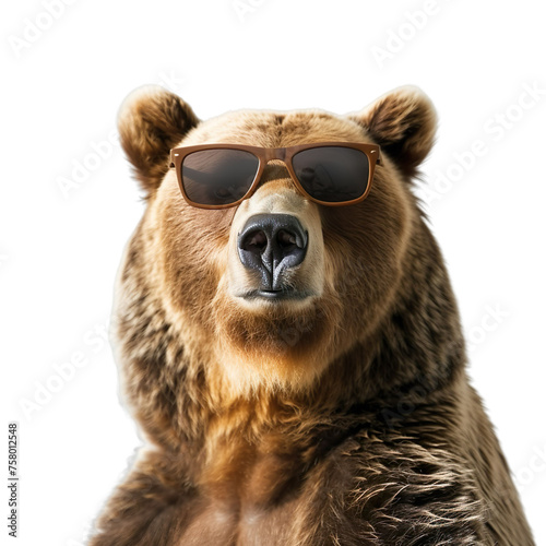 front view of a bear with sunglasses on a white  transparent background