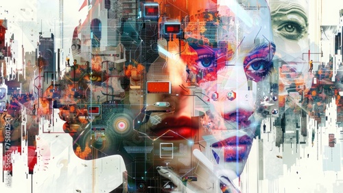 Artificial Intelligence and Technology, illustrating the intricate journey from primitive humans to futuristic cyborgs in a bright and colorful display.