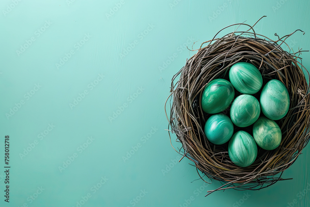 Fototapeta premium top view green easter eggs in nest on green background with copy space