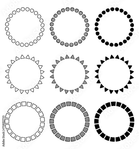 手書きのシンプルな模様の円形フレームセット、装飾フレーム