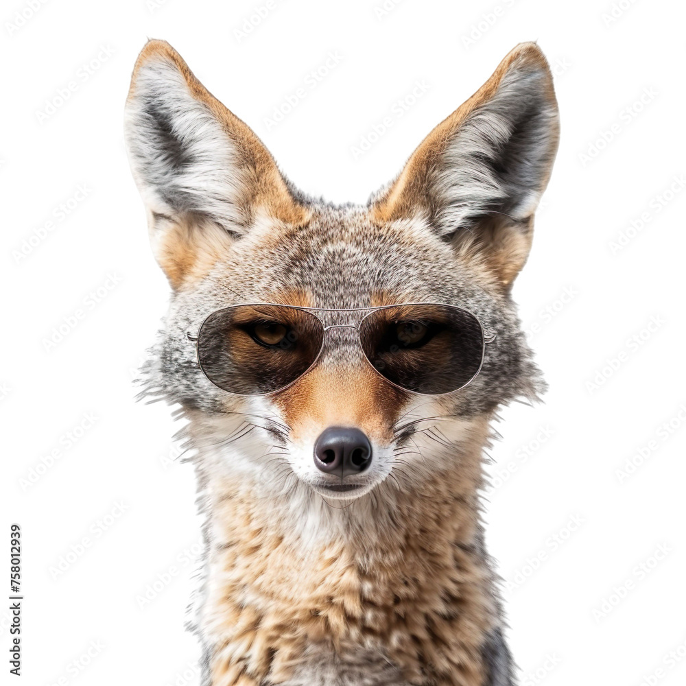Fototapeta premium front view of a jackal with sunglasses on a white transparent background