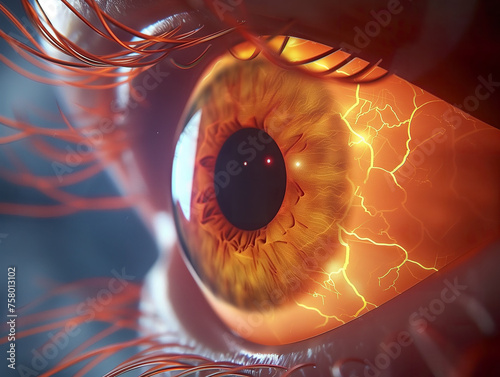 Illustration of eye experiencing vitreous degeneration leading to flash of light.  photo