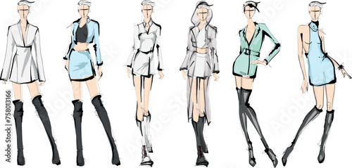Set of young beautiful women in stylish clothes. Fashion sketch.