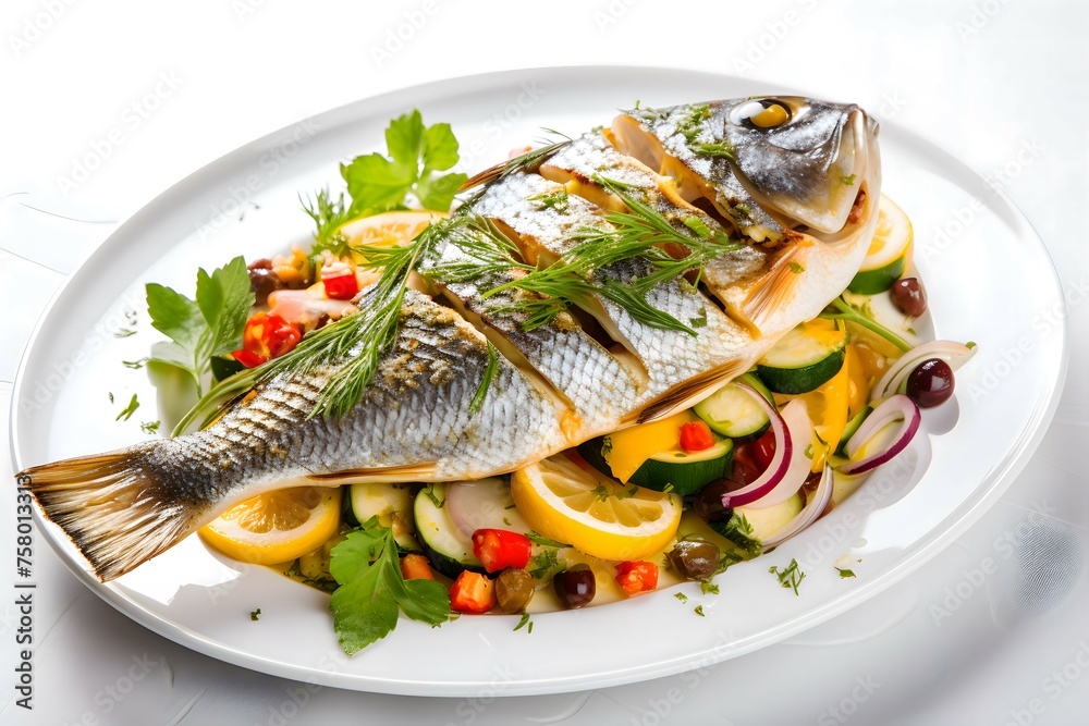 Cooked sea bass with vegetables on a white plate. Healthy balanced food, Mediterranean diet. Cooked sea bass with vegetables on a white plate. Healthy balanced food, Mediterranean diet.