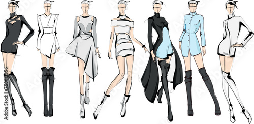 Set of young beautiful women in stylish clothes. Fashion sketch.