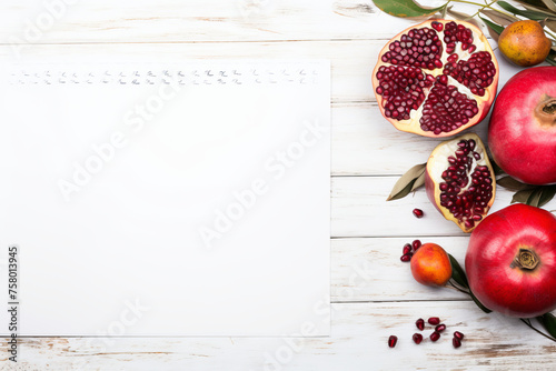 A festive table setting for Rosh Hashanah featuring ripe pomegranates and a blank card, inviting personal messages for a sweet New Year AI Generative.