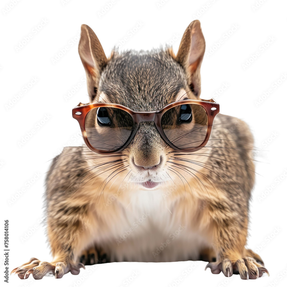 front view of a squirrel with sunglasses on a white transparent background front view of a squirrel with sunglasses on a white transparent background