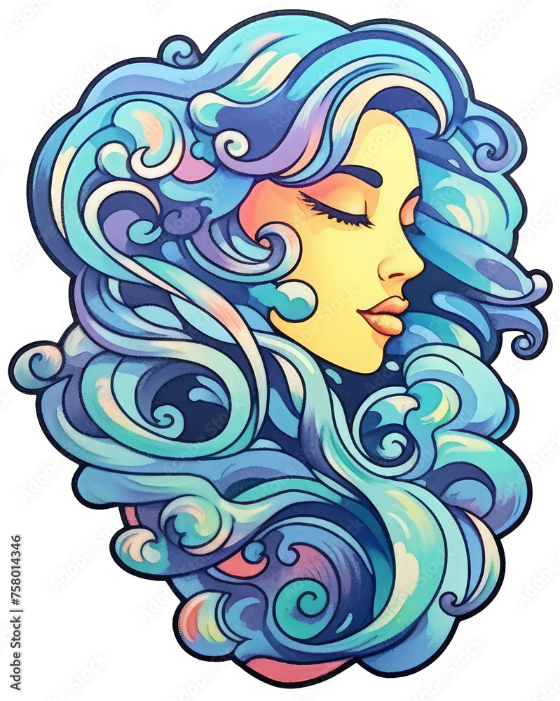 Portrait of a mythical water fairy colorful cartoon sticker