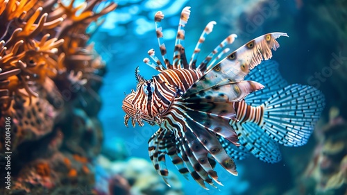 cf0 A lionfish gracefully swims through the crystal-clear waters of a coral reef, its vibrant colors and long, AI Generative