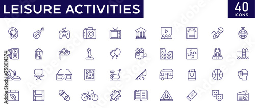 Leisure activities icons set with fully editable stroke thin line vector illustration with painting, video games, museum, cinema, theater, backpacking, fishing, stage drama, hobby, recreation, exercis