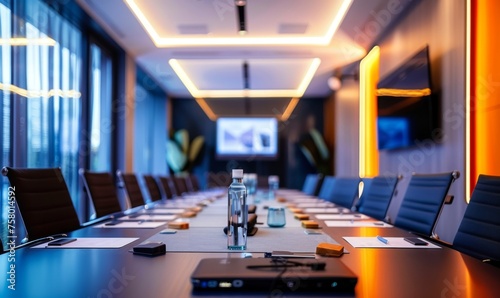 Conference room table fully equipped with tools and technology for meetings photo